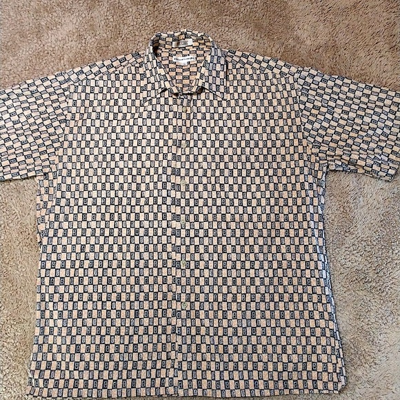 PIERRE CARDIN Button Down Blue & Tan Short Sleeve Large Shirt - Picture 5 of 5